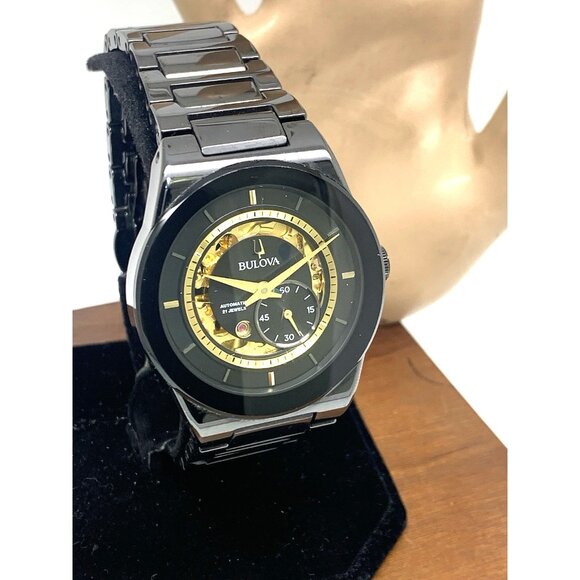 Bulova Men's Watch 98A291 Automatic Gold Black Dial Ceramic Millennia 41mm CHIP - Picture 1 of 16